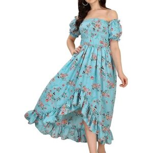 OOMPH! Flared Dress for Women Stylish | Long One Piece for Women | Off Shoulder Puff Sleeve Long Dress | Floral Print Maxi One Piece | Western & Fusion wear Bohemian Style Arctic Blue