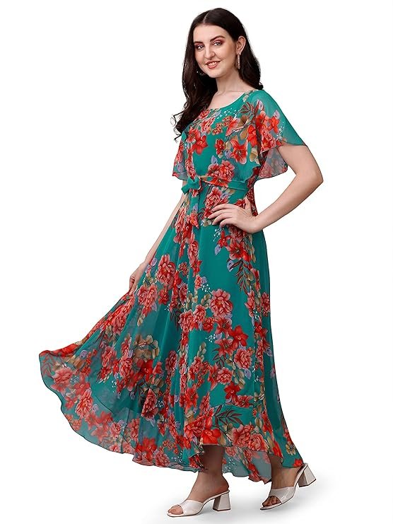 Fashion2wear Women's Georgette Floral Digital Print Short Sleeve Full-Length Fit & Flare Long Gown Dress for Girls (LN-X9TQ-MN1D) Sky_Flower - Image 2