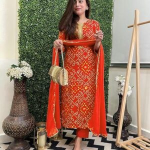 GoSriKi Women's Rayon Viscose Straight Bandhej Printed Kurta with Pant & Dupatta Orange