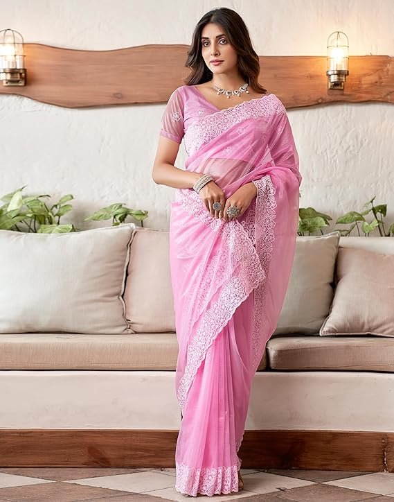 SIRIL Women's Embroidery Work Organza Saree with Unstitched Blouse Piece Light Pink - Image 2