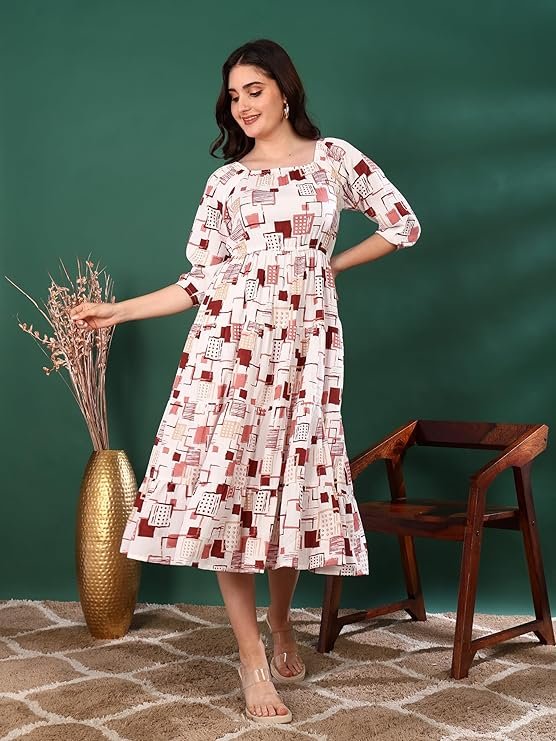 Yash Gallery Women's Rayon Floral Printed Tiered Style Maxi Dress Brown - Image 2