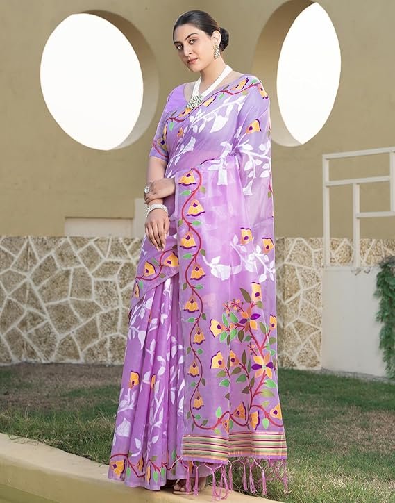 SIRIL Women's Cotton Jacquard Saree With Unstitched Blouse Piece Light Purple - Image 3