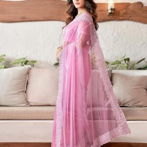 SIRIL Women's Embroidery Work Organza Saree with Unstitched Blouse Piece Light Pink