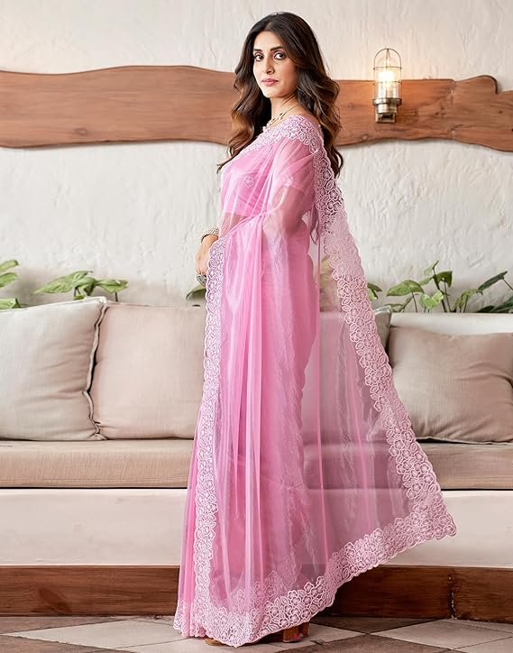 SIRIL Women's Embroidery Work Organza Saree with Unstitched Blouse Piece Light Pink