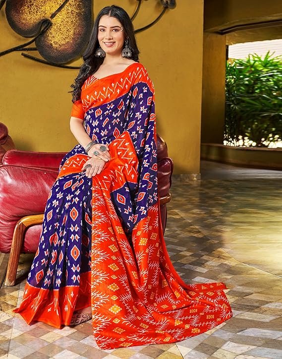 SIRIL Women's Cotton Printed Ready To Wear One Minute Saree With Unstitched Blouse Orange & Blue - Image 2
