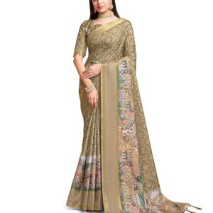 Rekha Maniyar Women's Pure Silk Kalamkari Printed Saree With Unstitched Blouse Mehndi