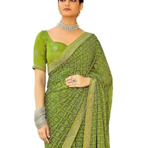 SIRIL Women's Bandhani Printed Embroidery Lace Georgette Saree with Unstitched Blouse Piece Olive Green