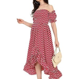 OOMPH! Flared Dress for Women Stylish | Long One Piece for Women | Off Shoulder Puff Sleeve Long Dress | Floral Print Maxi One Piece | Western & Fusion wear Bohemian Style Maroon
