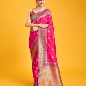 Monjolika Fashion Women's Elegant Banarasi Silk Saree with Intricate Zari Work with Rich Brocade Patterns and Unstitched Blouse Piece Rani Pink