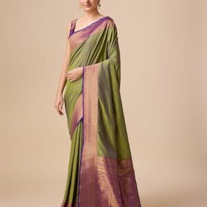 Monjolika Fashion Women's Elegant Banarasi Silk Saree with Intricate Zari Work with Rich Brocade Patterns and Unstitched Blouse Piece Olive Green