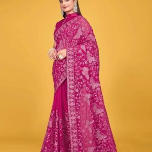 Manohari Most Trendy Embroidery Saree With Unstich Blouse Piece Pink
