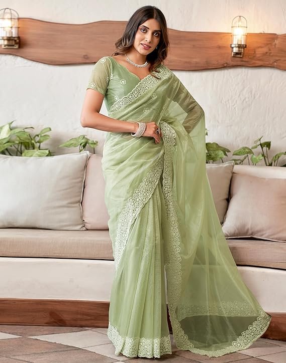 SIRIL Women's Embroidery Work Organza Saree with Unstitched Blouse Piece Pista Green - Image 2