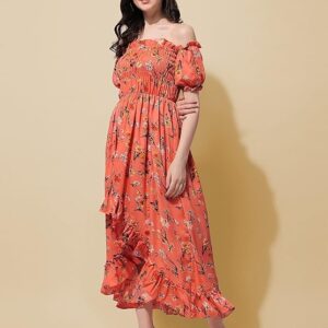 OOMPH! Flared Dress for Women Stylish | Long One Piece for Women | Off Shoulder Puff Sleeve Long Dress | Floral Print Maxi One Piece | Western & Fusion wear Bohemian Style Orange