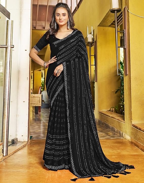 SIRIL Women's Chiffon Hot Fixing Stone Work Saree With Unstitched Blouse Piece Black - Image 2