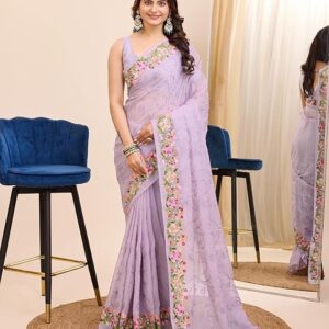 Ekasya Women Soft Organza Black Embroidery Saree (E6200_3) - Elegant Design, Intricate Embroidery, Lightweight, Perfect for Weddings, Parties, and Special Occasions, Stylish and Comfortable Fit Purple