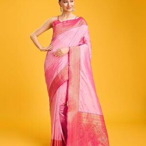 Monjolika Fashion Women's Elegant Banarasi Silk Saree with Intricate Zari Work with Rich Brocade Patterns and Unstitched Blouse Piece Light Pink