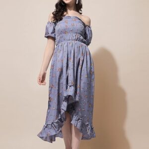 OOMPH! Flared Dress for Women Stylish | Long One Piece for Women | Off Shoulder Puff Sleeve Long Dress | Floral Print Maxi One Piece | Western & Fusion wear Bohemian Style Grey
