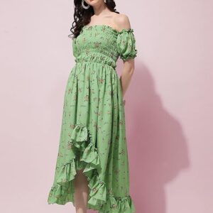 OOMPH! Flared Dress for Women Stylish | Long One Piece for Women | Off Shoulder Puff Sleeve Long Dress | Floral Print Maxi One Piece | Western & Fusion wear Bohemian Style Mint Green