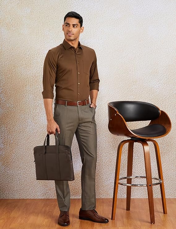 Men's Solid Cotton Formal Shirt | Plain | Full Sleeve - Regular Fit Brown - Image 2