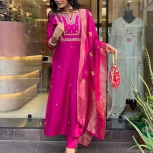 GoSriKi Women's Silk Blend Straight Embroidered Kurta with Pant & Dupatta Pink