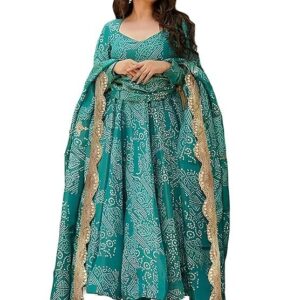 Pinkmint Women's Bandhani Print Flared Anarkali Muslin Kurta Set with Pant & Stylish Dupatta Ethnic Long Sleeve Dress Suit Set Teal Green