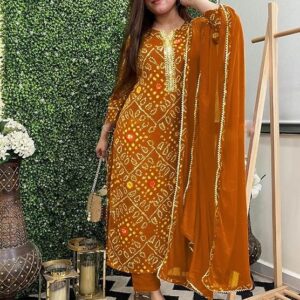 GoSriKi Women's Rayon Viscose Straight Bandhej Printed Kurta with Pant & Dupatta Mustard