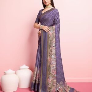 Rekha Maniyar Women's Pure Silk Kalamkari Printed Saree With Unstitched Blouse Purple