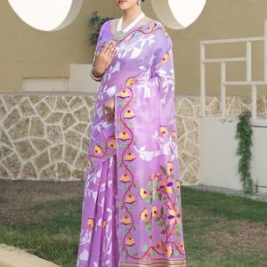 SIRIL Women's Cotton Jacquard Saree With Unstitched Blouse Piece Light Purple