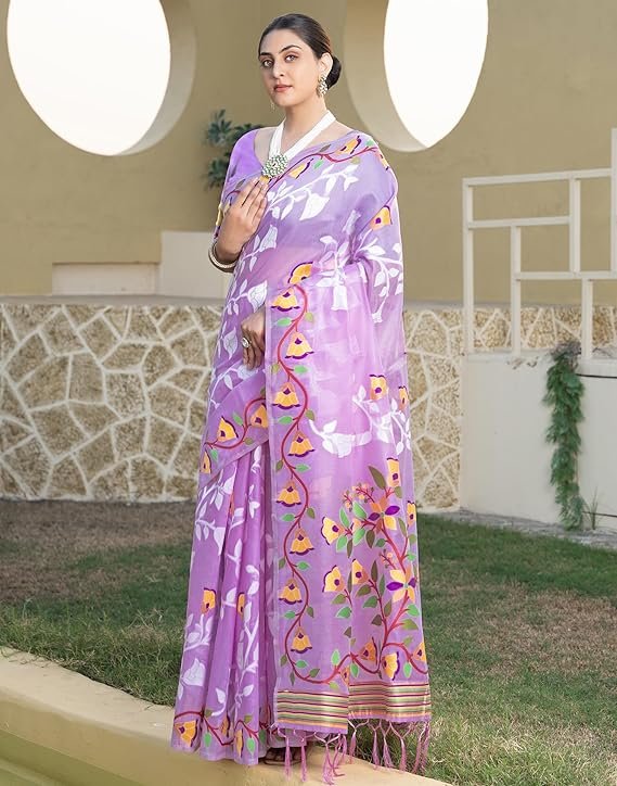 SIRIL Women's Cotton Jacquard Saree With Unstitched Blouse Piece Light Purple