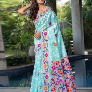 SIRIL Women's Cotton Jacquard Saree With Unstitched Blouse Piece Sky Blue
