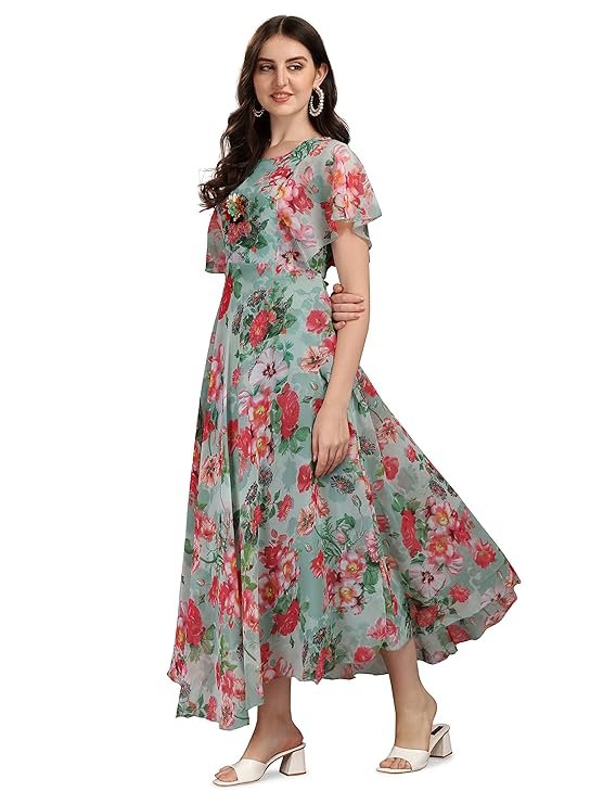 Fashion2wear Women's Georgette Floral Digital Print Short Sleeve Full-Length Fit & Flare Long Gown Dress for Girls (LN-X9TQ-MN1D) Green_Flower - Image 2