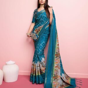 Rekha Maniyar Women's Pure Silk Kalamkari Printed Saree With Unstitched Blouse Teal