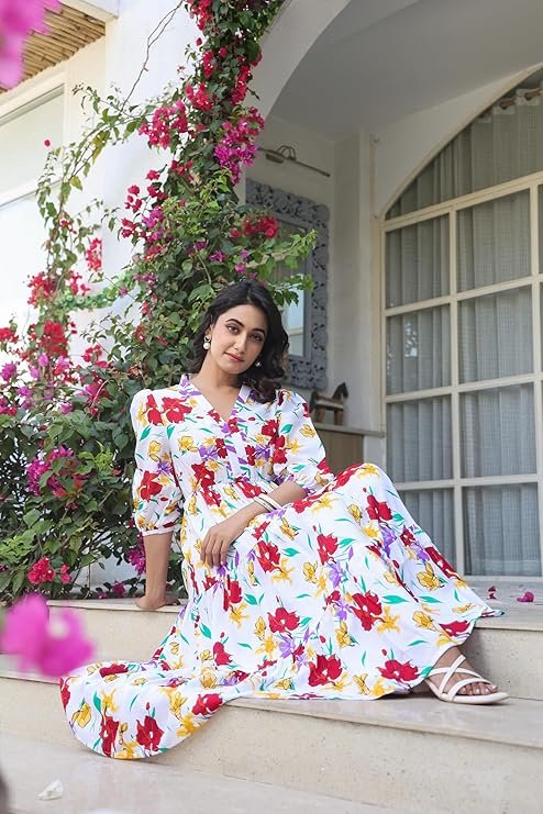 Leriya Fashion Women?s Floral High-Low Maxi Dress | V-Neck A-Line Fit | 3/4 Sleeve Summer Outfit for Vacation, Brunch, Festive & Beach Wear Multicolor - Image 2