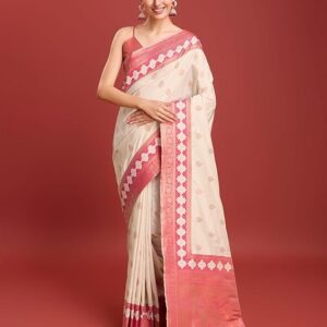 Monjolika Fashion Women's Elegant Banarasi Silk Saree with Intricate Zari Work with Rich Brocade Patterns and Unstitched Blouse Piece Cream