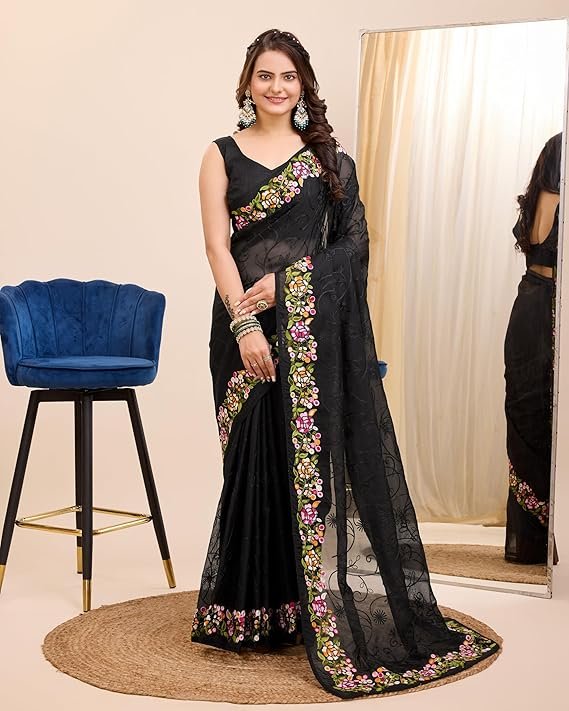 Ekasya Women Soft Organza Black Embroidery Saree (E6200_3) - Elegant Design, Intricate Embroidery, Lightweight, Perfect for Weddings, Parties, and Special Occasions, Stylish and Comfortable Fit Black - Image 2