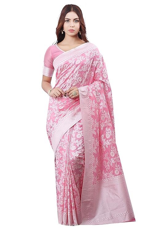 Glory Sarees Women's Banarasi Artificial Silk Saree With Blouse Piece Pink