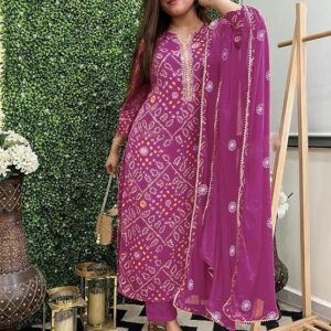 GoSriKi Women's Rayon Viscose Straight Bandhej Printed Kurta with Pant & Dupatta Purple