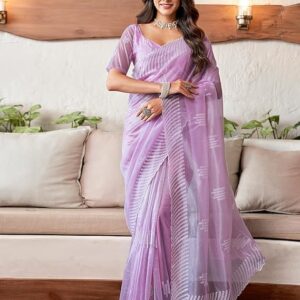 SIRIL Women's Embroidery Work Organza Saree with Unstitched Blouse Piece Light Purple