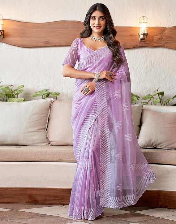SIRIL Women's Embroidery Work Organza Saree with Unstitched Blouse Piece Light Purple