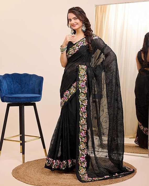 Ekasya Women Soft Organza Black Embroidery Saree (E6200_3) - Elegant Design, Intricate Embroidery, Lightweight, Perfect for Weddings, Parties, and Special Occasions, Stylish and Comfortable Fit Black - Image 3