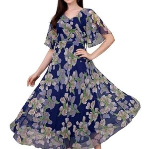 Fashion2wear Women's Georgette Floral Digital Print Short Sleeve Full-Length Fit & Flare Long Gown Dress for Girls (LN-X9TQ-MN1D) Blue_Flower