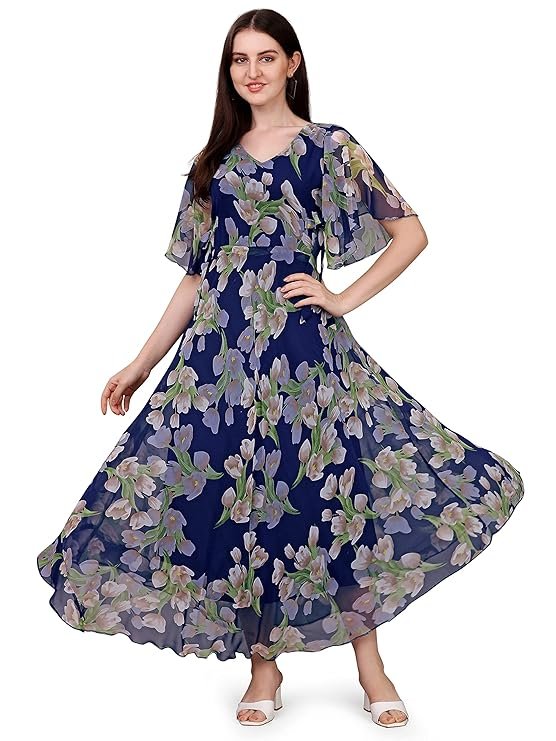 Fashion2wear Women's Georgette Floral Digital Print Short Sleeve Full-Length Fit & Flare Long Gown Dress for Girls (LN-X9TQ-MN1D) Blue_Flower
