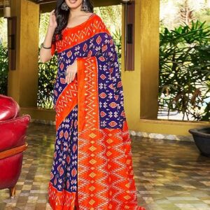 SIRIL Women's Cotton Printed Ready To Wear One Minute Saree With Unstitched Blouse Orange & Blue