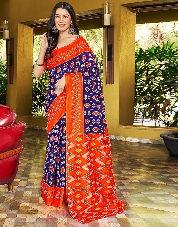 SIRIL Women's Cotton Printed Ready To Wear One Minute Saree With Unstitched Blouse Orange & Blue