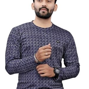 Men's Geometric Pattern Full Sleeve T-Shirt, Round Neck, Navy Blue
