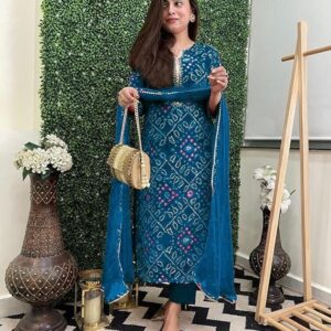 GoSriKi Women's Rayon Viscose Straight Bandhej Printed Kurta with Pant & Dupatta Dark Blue