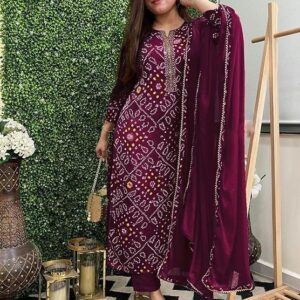 GoSriKi Women's Rayon Viscose Straight Bandhej Printed Kurta with Pant & Dupatta Wine