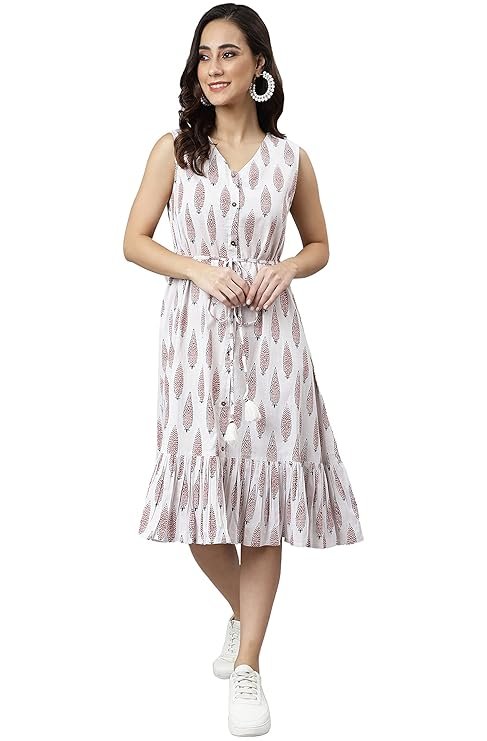 Janasya Women's Fit and Flare Midi Cotton Ethnic Motifs Flared Western Dress White - Image 2
