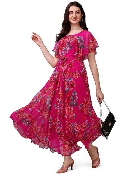 Fashion2wear Women's Georgette Floral Digital Print Short Sleeve Full-Length Fit & Flare Long Gown Dress for Girls (LN-X9TQ-MN1D) Pink_Flower - Image 3