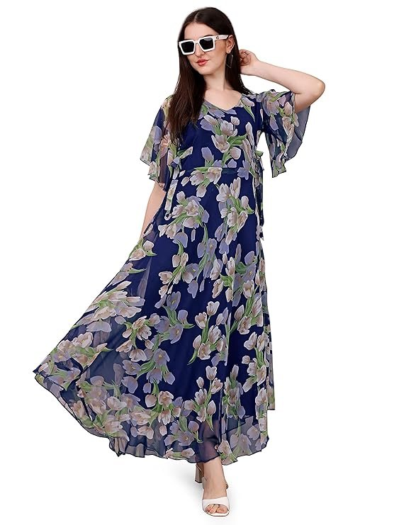 Fashion2wear Women's Georgette Floral Digital Print Short Sleeve Full-Length Fit & Flare Long Gown Dress for Girls (LN-X9TQ-MN1D) Blue_Flower - Image 3